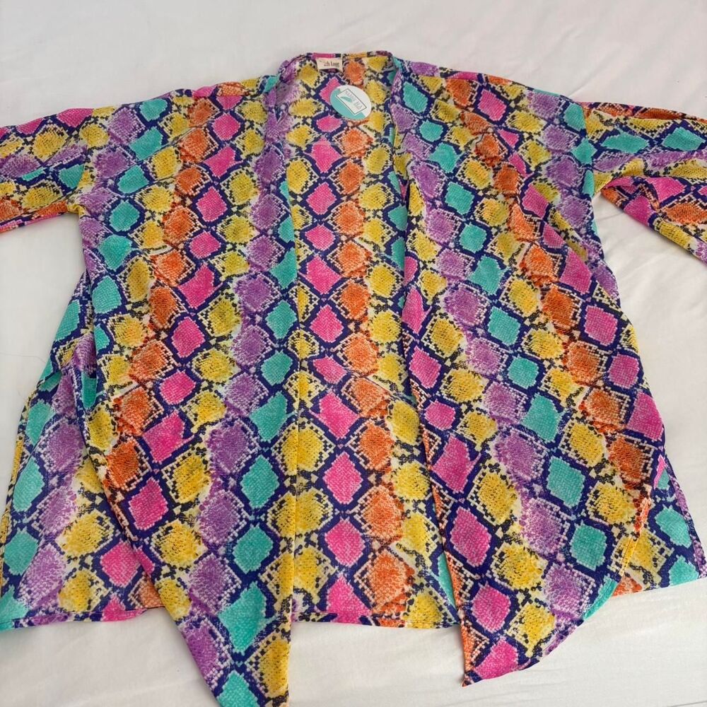 PEACH LOVE Rainbow Snakeskin Women's Large Blue Yellow Large Kimono Cardigan